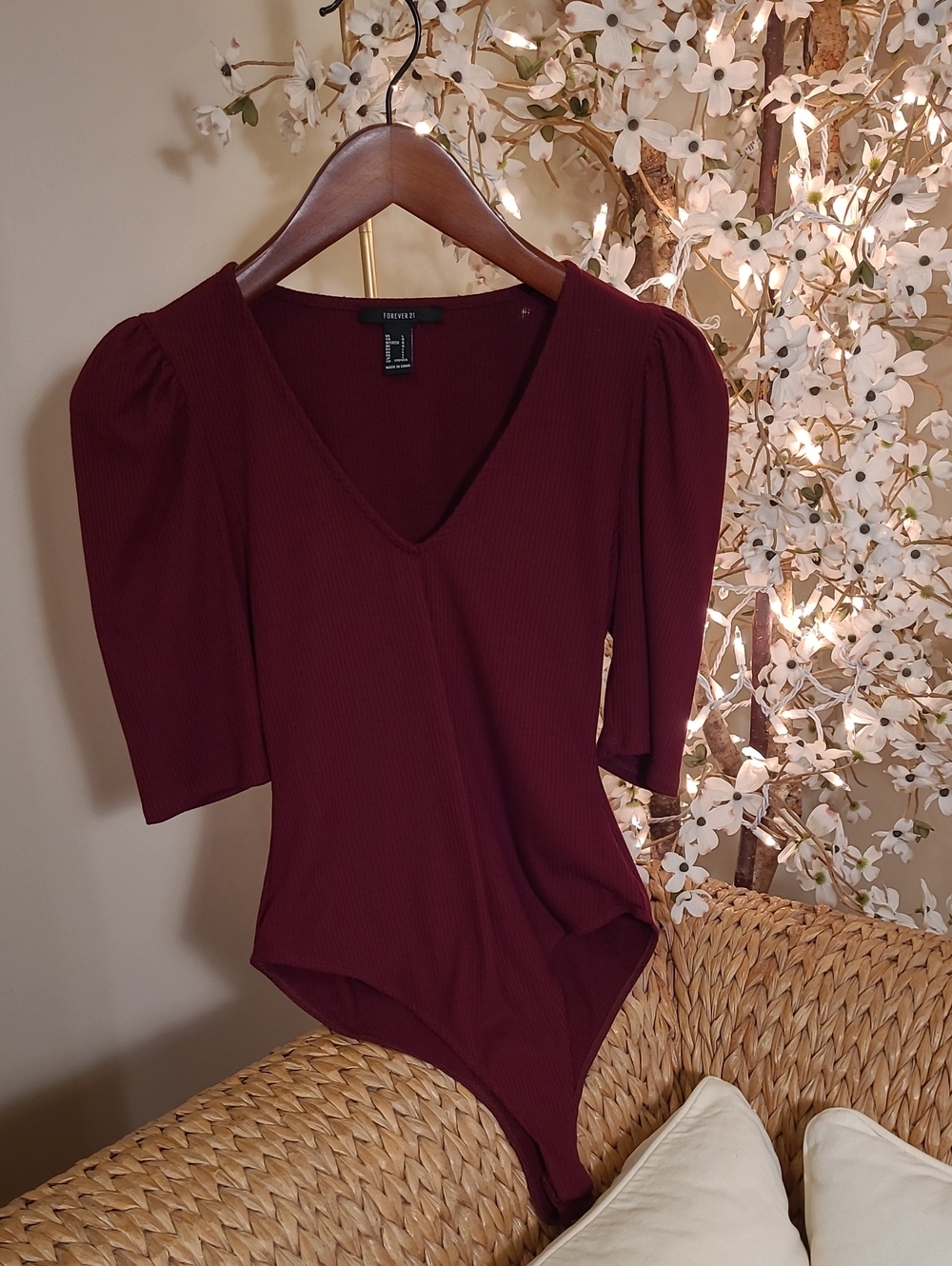 Forever 21 Burgundy Ribbed Puff Sleeve Bodysuit